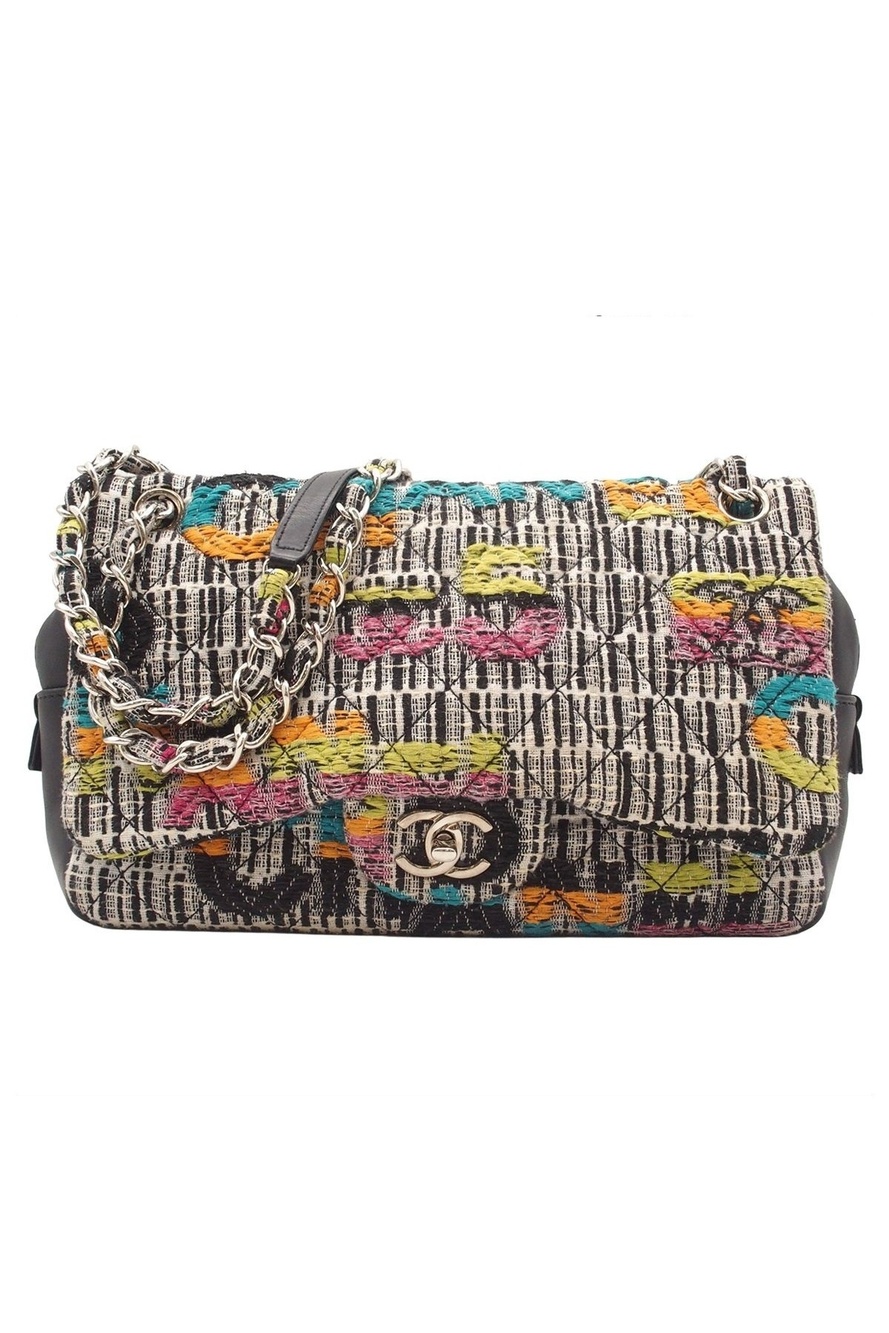 Chanel Chain Shoulder Bag Quilted CC Logo Multicolor Black Tweed Lambskin